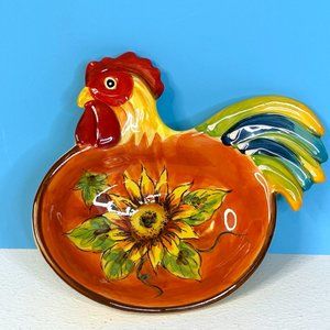 Beautifully Detailed Orange Rooster Sunflower‎ Country Decor Ceramic Tray Dish
